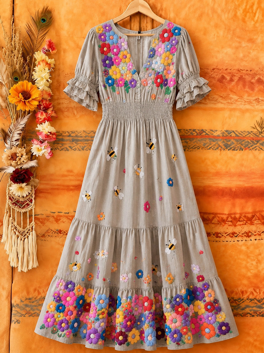 Women's Retro Art Print Washed Cotton Lace Patchwork Midi Dress